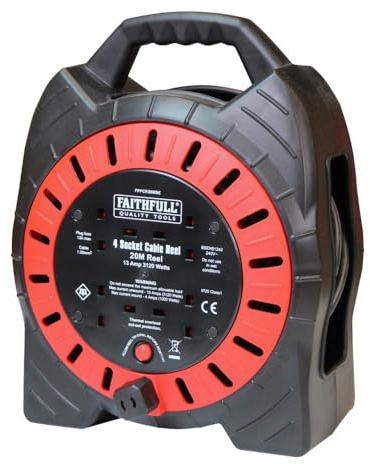 Faithfull FPPCR20MSE 25M 240v Enclosed Cable Reel, Red/Black, 20M