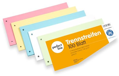 perfect line - 100 Trennstreifen für Ordner A4, Trennblätter aus Recycling-Karton, Trapez-Form, 5 Farben, 2 fach gelocht, Made in Germany, Blauer Engel zertifiziert