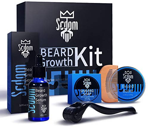 Gesichtsbehaarung Wachsen Kit, Scdom Bartwuchs Kit mit Titanium Derma Roller + Bartwuchs-Serum-Öl + Bartbalsam + Bartreinigungsseife + Kamm, Bartpflege-Set Bestes Geschenk für Männer/Vater