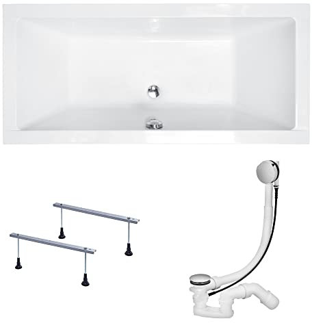 KOLMAN Badewanne QUADRO SLIM Rechteck 175x80 ohne Verkleidung, Ablaufgarnitur und Füßen Komplettset 3in1 Premium Original Acryl Wanne Siphon
