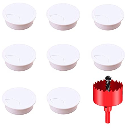 DuDuZui 8 Pièces œillets de Bureau, Passe-câble de Bureau 60 mm Passe-câble de Bureau, Solution Idéale pour le Bureau et la Maison Câble de Table, avec Scie Cloche (Blanc, 60mm)