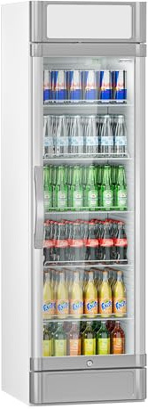 GGM Gastro Réfrigérateur à boissons - 347 Litres - Affichage publicitaire dynamique - Refroidissement économe en énergie - Eclairage LED - Eco Design - 5 étagères - Gris - GK374UEG