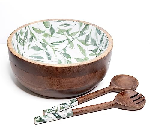 Foxglove Goods Saladier en bois de manguier avec incrustation en émail personnalisé et pince de service (feuille d'olivier) – Fabriqué à la main et durable pour une salle à manger élégante