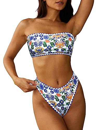 ZAFUL Women Strapless Textured Bandeau Bikini 2 Piece Swimwear Cheeky Solid Lace up Bathing Suits(7-Blue Yellow,L)