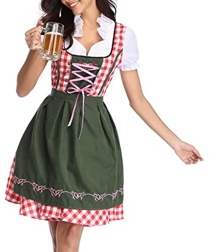 Dirndl Damen Midi - Trachtenkleid Damen Hochgeschlossen Dirndlkleid Trachten Kleid + Dirndlbluse Dirndel Trachtenmode Dirndelkleider Dirndl & Dirndl-Sets für Frauen Mädchen Oktoberfest Outfit