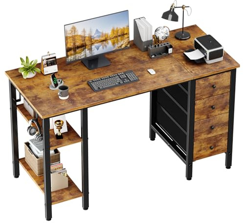 Lufeiya 47 inch Desk with 4 Drawers & Storage Shelves, Writing Work Study Computer Desk for Home Office Bedroom, Modern Simple Student PC Desks Table, Rustic Brown