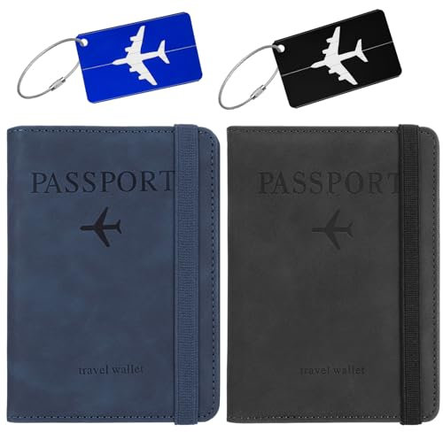 Apricitie 4 Stück Reisepasshülle & Kofferanhänger Set, Passport Hülle, Aluminium Gepäckanhänger mit Adressschild, Passport Cover Kunstleder Impfpass Hülle mit RFID-Blocker for Reisepass Kreditkarten