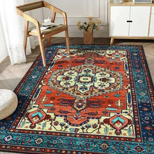 WONGS BEDDING Alfombra bohemia para salón, dormitorio, pelo corto, lavable, suave, antideslizante, diseño vintage