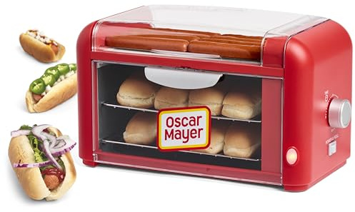 Nostalgia Oscar Mayer Extra Large 8 Hot Dog Roller & Bun Toaster Oven, Stainless Steel Grill Rollers, Non-stick Warming Racks, Perfect for Dogs, Veggie Sausages, Brats, Adjustable Timer, Red