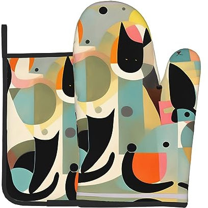 YYHWHJDE Set di 2 guanti da forno e presine con immagine di gatto in arte moderna della metà del secolo, utilizzati per aprire i coperchi delle pentole in cucina e per trasportare piatti dai forni a