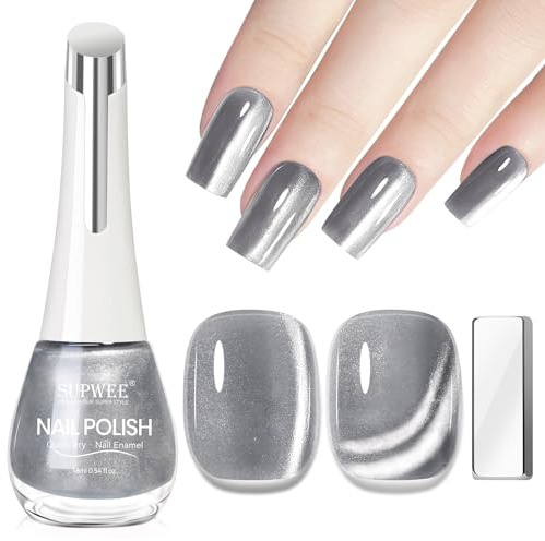 SUPWEE Quick Dry Nail Polish - Schnelltrocknender Silber Cat Eye Nagellack mit Magnet Holographic Glitzer Magnetischer Nail Polish Oil Based Katzenauge Nagellack DIY Salon