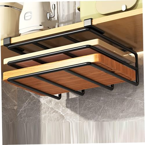 Obelunrp Cutting Board Organizer Under Cabinet, 10.4x11.8x2.4inch Space Saving Metal Cutting Board Holder, Under Shelf Counter Chopping Board Rack, Pot Lid Holder for Cabinet Door (Black)