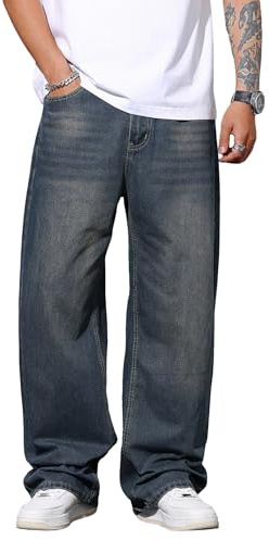 Zewool Pantalones de mezclilla holgados para hombre, de pierna ancha, estilo skater, hip hop, para patinar, jeans casuales, de estilo Y2K, ropa callejera, XXL