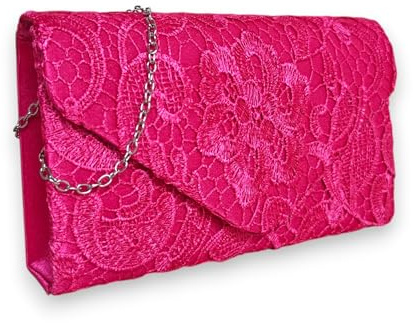 UShopUK Bolso de mano de encaje de satén floral para novia, graduación, boda, noche, fiesta, medium (Rosa fucsia)