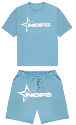 ZEZEZ NOFS sommarjoggingträningsdräkt, t-shirt och shorts for män med NOFS-tryckt logotyp, lätt kort sommardräkt(Blå,L)