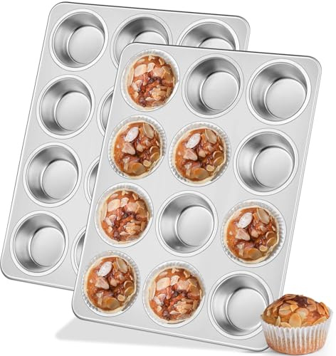 Leonyo Non-Toxic Stainless Steel Muffin Cupcake Pan 12 Cup, 2 Pack