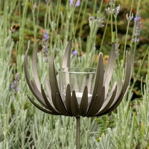 Crocus Collection 90cm Flower Tea Light Holder Planter Stake Metal Handmade Floral Garden Decorations with Antique Bronze Finish