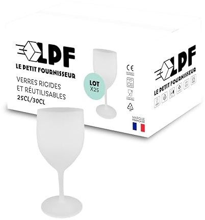 LPF LE PETIT FOURNISSEUR - Lot de 25 Verres à Vin réutilisables 25cl (30cl max) - Polypropylène plastique alimentaire rigide - Verre à pied à eau et vin - Compatible lave-vaisselle - Couleur Givrée
