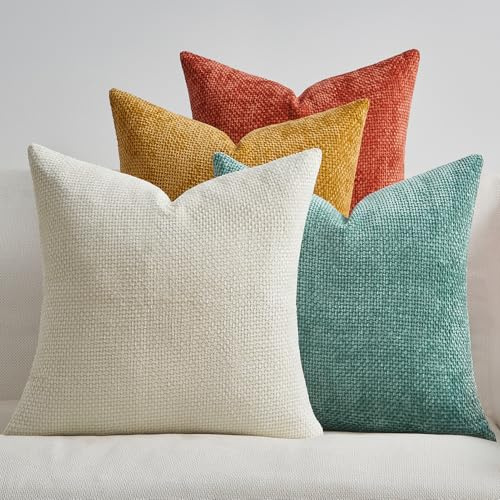 Topfinel Kissenbezüge 40x40 Orange Blau 4er Set Chenille Kissenbezug Kissenhülle Sofakissen Dekokissen Zierkissenhülle Rattan Webstil Design für Sofa Wohnzimmer Schlafzimmer