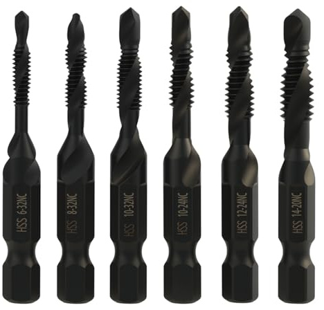 6PCS Forets et Tarauds Multifonctions - Tailles SAE 6-32nc, 8-32nc, 10-32nc, 10-24nc, 12-24nc, 1/4-20nc avec Revêtement Antirouille Noir, Tige Hexagonale de 6,35 mm et Étui de Rangement Inclus