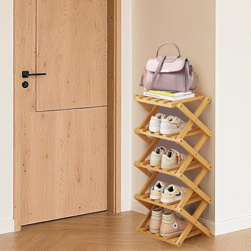 Hafuvool 5 Stöckiges Faltbare Bambus Schuhregal Schmal Klein, ohne Montage Vertikale Hoch Schuhablage Holz, Schuhregal platzsparend für Eingang, Schlafzimmer, Flur, Ecke, Wohnung, schmalen Raum
