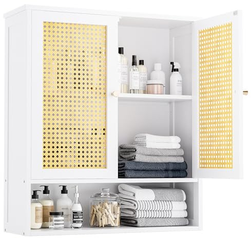 vovala Badezimmer-Wandschrank, Bambus-Aufbewahrungsorganisator über der Toilette mit 2 Rattantüren und verstellbarem Regal, platzsparender Medikamentenschrank für Wäsche, Küche, Wohnzimmer (Weiß)