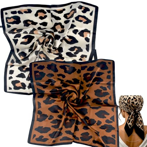 MUNSKT 2 Pack Square Scarves for Women, Leopard Print Chiffon Head Scarves, Stylish Hair Bandanas & Neck Scarves for Beach Vacation Accessories UK