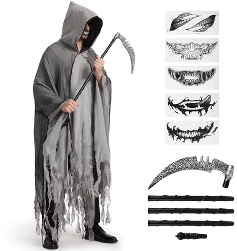 BuzzoXerex Déguisement Faucheur Homme, Halloween Cape à Capuche Déchirée Cape à Capuche avec Faucille & Autocollants de Tatouage Effrayants pour Halloween, Carnaval (Gris)
