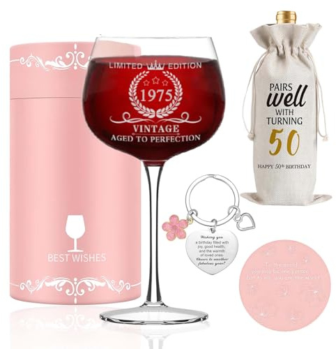 Hiqiku 50th Birthday Gifts for Women Her, Vintage 1975 Drinking Wine Glasses, 50th Decoration for Women, Mothers Day Gifts for Mom, Friends, Daughter, Sister
