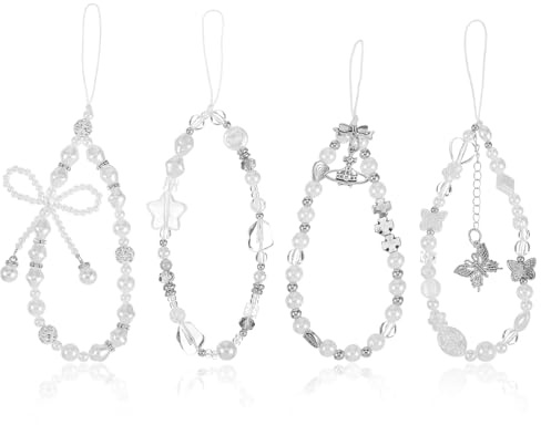 4 Pcs Cute Phone Charm Silver Y2k Phone Charm Strap Goth Digital Camera Charm Crystal Butterfly Flower Pearl Star Phones Beaded Wrist Straps Bracelet Lanyard for Wallet Bag Keychain Women Gifts White