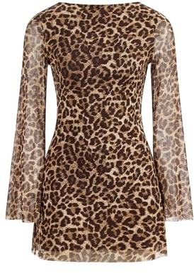 SweatyRocks Leoparden Kleid Damen Bodycon Kleider Rückenfrei Partykleid mit Shnürung Freizeitkleid Minikleid Leo Kleid mit Glockenärmel Leoparden S