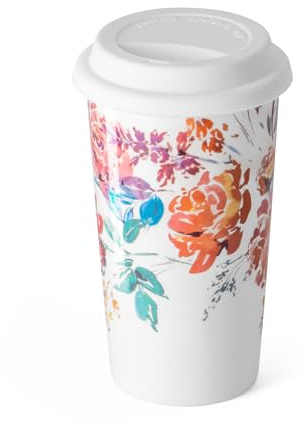 Kaffeebecher aus Keramik, 340 ml, mit Deckel, auslaufsicher, doppelwandig, isoliert, Reise-Kaffeebecher, Aquarell-Pfingstrosen-Muster, Geschenk für Sie zu Weihnachten, Geburtstag, Muttertag, weiße und