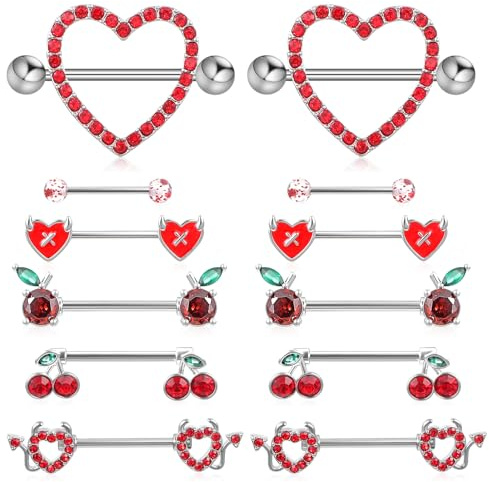 Tucnoeu 6 Pair 14G Nipple Rings for Women, 316L Stainless Steel Heart, Butterfly, Moon, Devil, Flower Nipple Barbell CZ Nipples Rings Set, Cute Nipplerings Piercing Jewelry