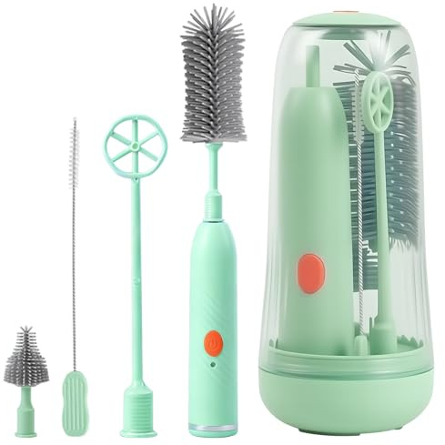 Elektrisches Baby Flaschenbürsten Set, 360° drehbare Elektrische Flaschenbürste, UV-Desinfektion Silikon Flaschenbürste inklusive Silikon-Flaschen/Schnuller/Strohhalm Bürste und Rührstab (Grün)