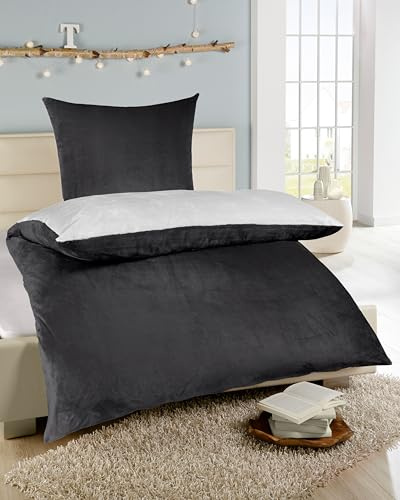 MB Warenhandel24 Bettwäsche Winter - Set Plüsch, Teddy-Fleece, 135x200 cm Bettbezug mit 80x80 cm Kissenbezug, Wende-Design, Bügelfrei, Winter-Warm, Cashmere Touch (Anthrazit/Silber)