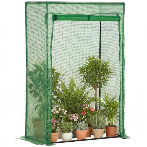 Outsunny Serre de Jardin Bâche Renforcée PE 100 x 50 x 150 cm Vert | Serre de Balcon, Châssis en Acier, Porte Zippée Enroulable, pour Légumes Plantes Fleurs, Toutes Saisons Intérieur Extérieur