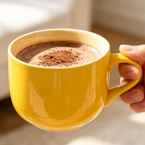 Busnos 600ml Gelber Keramik Teetasse Groß mit Löffel und Matte Xxl Kaffeetasse Groß Keramik Tasse 600ml Grosse Suppentassen mit Henkel Spülmaschinen und Mikrowellengeeignet Schöne Tassen