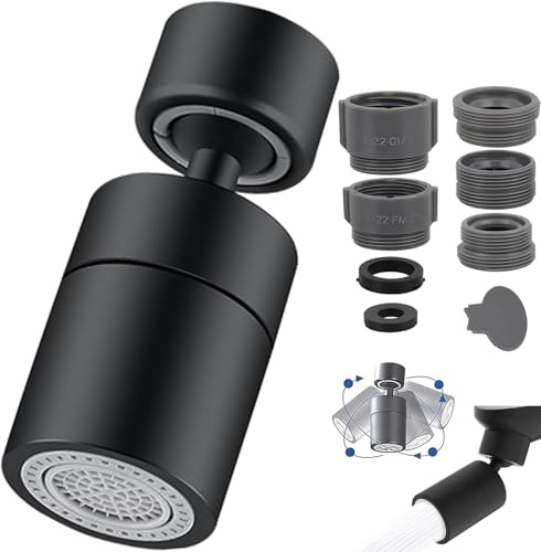KEPYATI Aeratore Rubinetto Cucina, 360° Girevole Rubinetto Con 2 Modalità, Aeratore Filtro Anti-Spruzzo Con 5 Tipi Adattatore Filettato Per Cucina Bagno (Schwarz)