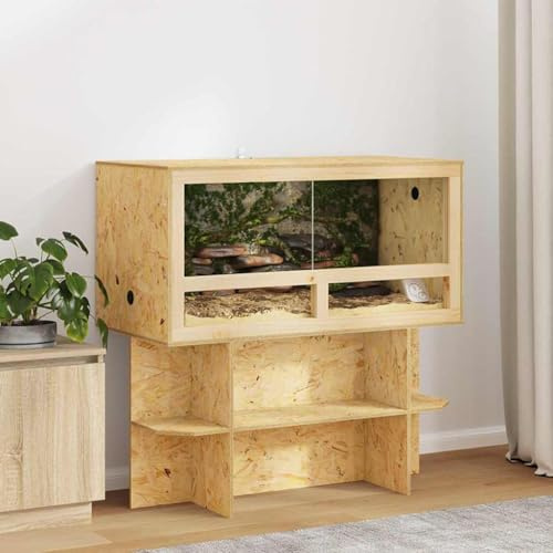GeenYuu Terrarium brun, 100 x 50 x 100 cm, OSB-trä med skjutdörr och glas, mångsidigt för reptil, amfibie, gecko, bartagame, orm, paludarium, ventilerad, hållbar, okrossbar