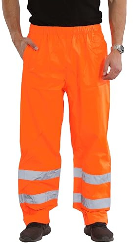 shelikes Mens Hi-Vis Rain Trousers Waterproof Workwear Safety Over Trouser Reflective Work High Viz Visibility Pants with 2 Side Pockets Orange