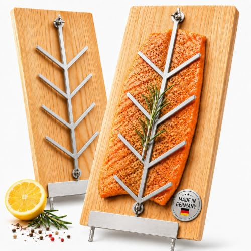 Flammlachsbrett 2er Set aus Lärchenholz - 2 x 17 x 50 cm | 2x Flammlachsbrett für Feuerschale & Kugelgrill - Inkl. stabiler Edelstahlhalterung - Made in Germany