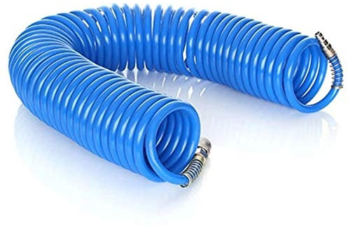 rg-vertrieb Druckluftschlauch Spiralschlauch 5x8mm, Länge 15m, Polyethylen, mit Stecktülle und Schnellkupplung, 1/4 Zoll Anschluss, max. 7 bar, blau