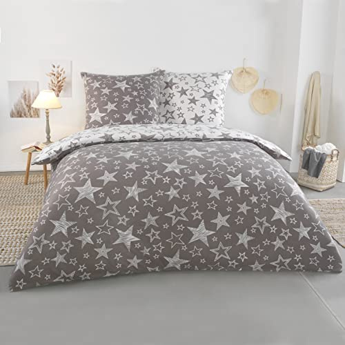 BaSaTex Microfaser Bettwäsche Set, 2-TLG., 200x220 | Flausch Sterne grau Weiss Taupe Fleece Thermofleece Übergröße Set