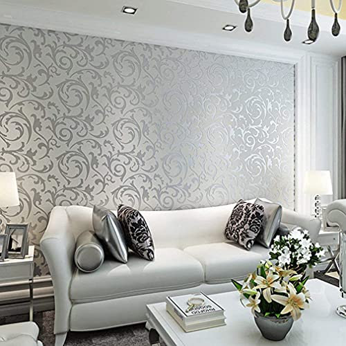 Papel tapiz 3D 10M Hojas de ganchillo Rollos de papel tapiz de lujo flocado para el hogar Dormitorio Sala de estar Papel tapiz Decoración de paredes Papel pintado minimalista no tejido - Gris-plata