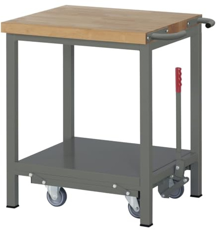 STIER Werkbank Premium, mit abs. Fahrgestell, 75x70x88cm, pulverbeschichteter Stahl & Buche, Montagewerkbank