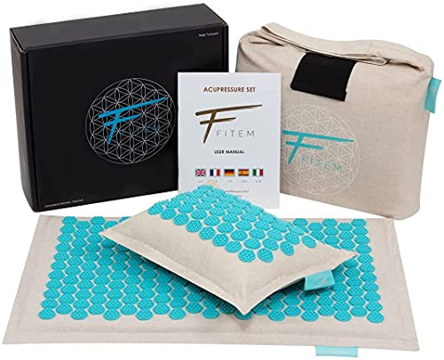 Fitem - Set de acupresión de alta gama y ecológico, alfombra + cojín + bolsa para aliviar el dolor de espalda/cuello, multicolor