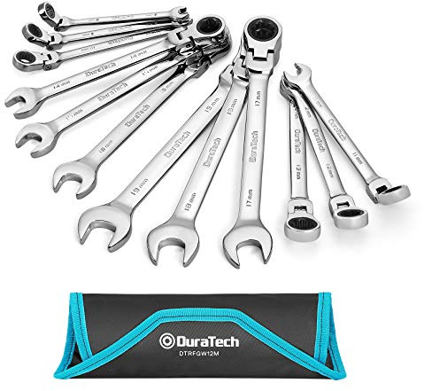 DURATECH Flex-Head Ratcheting Wrench Set, Combination Wrench Set, 72 Tooth, Metric, 12-piece, Size Covers 8-19mm, CR-V Steel, with Rolling Pouch