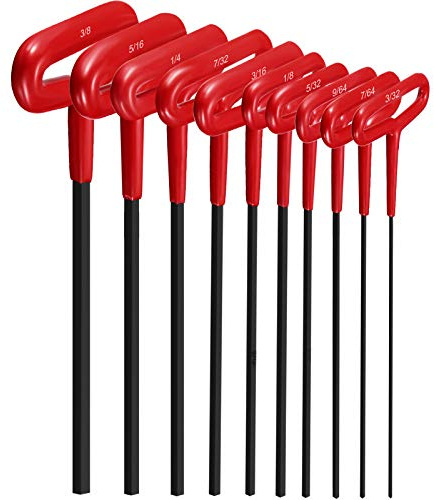 Honoson 10 Pieces T-handle Hex Key Set 9 Inch Long Hex Key Wrenches Kit Sizes 3/32, 7/64, 1/8, 9/64, 5/32, 3/16, 7/32, 1/4, 5/16, 3/8 Inches for Christmas Men Gift