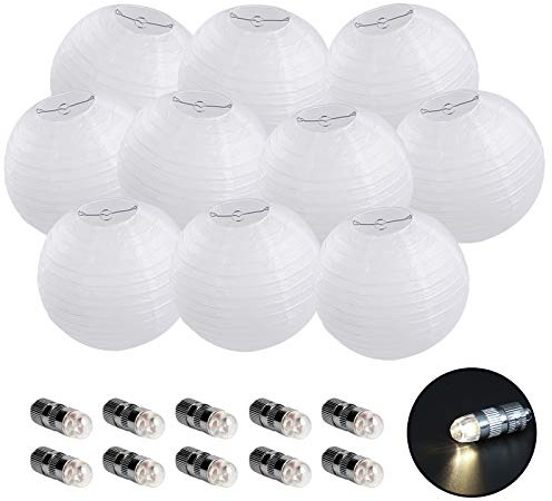 FullBerg 10 Papierlaternen weiße Laternen 10 warmweiße Mini-LED-Luftballons Lichter, runder Lampenschirm, Hochzeitsfeier-Dekoration, Papierlampen 20 cm mit LED