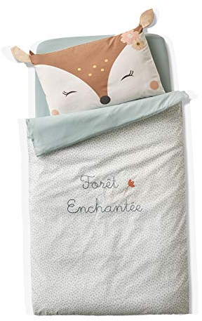 VERTBAUDET Housse de Couette bébé Foret ENCHANTEE écru/Vert d'eau 100X120